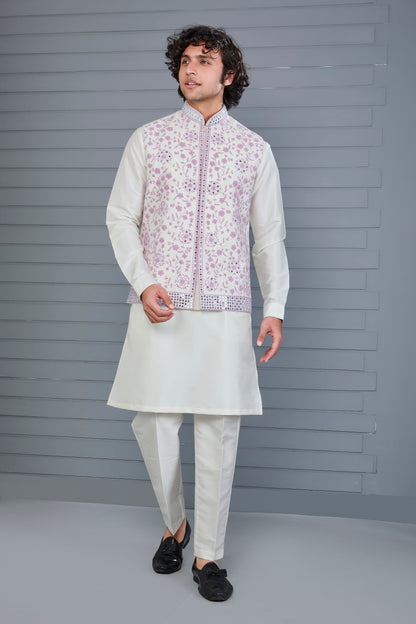Festive Wear Men's Off-white Raw Silk Kurta Jacket Set