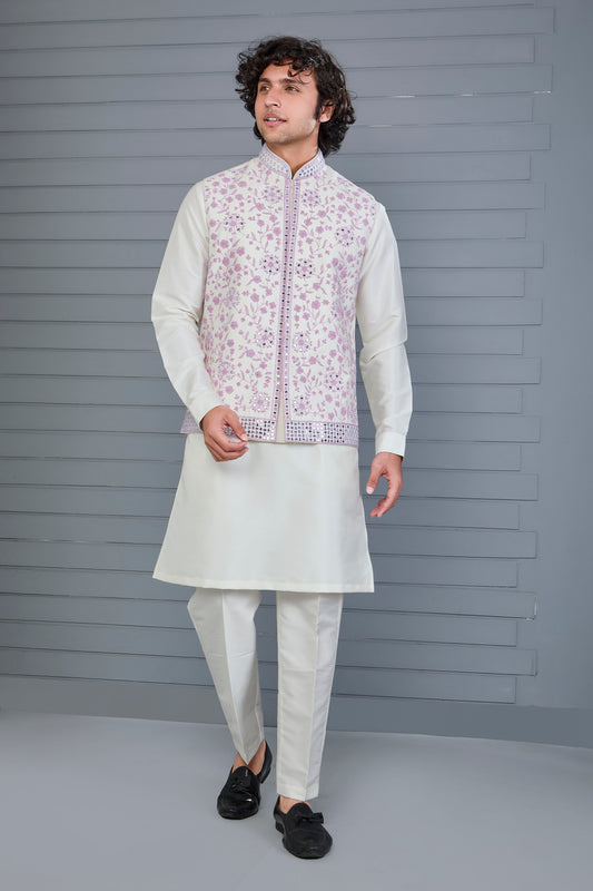 Festive Wear Men's Off-white Raw Silk Kurta Jacket Set