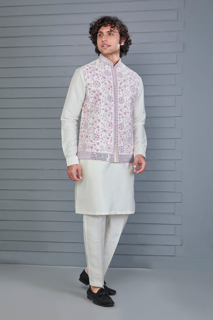 Festive Wear Men's Off-white Raw Silk Kurta Jacket Set