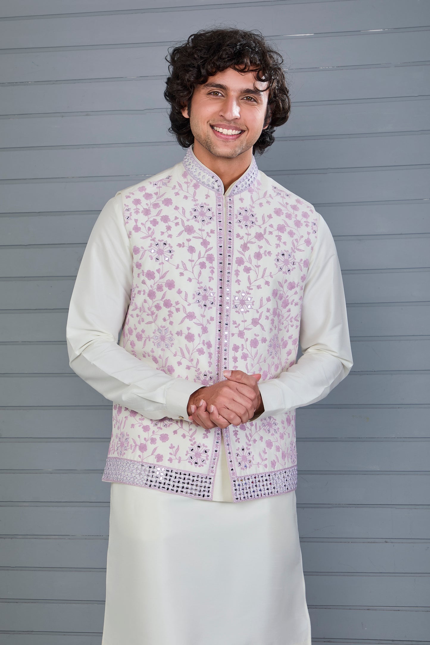 Festive Wear Men's Off-white Raw Silk Kurta Jacket Set