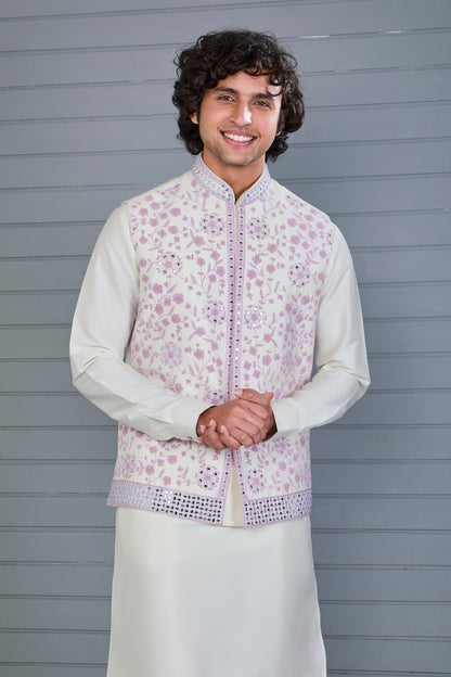 Festive Wear Men's Off-white Raw Silk Kurta Jacket Set