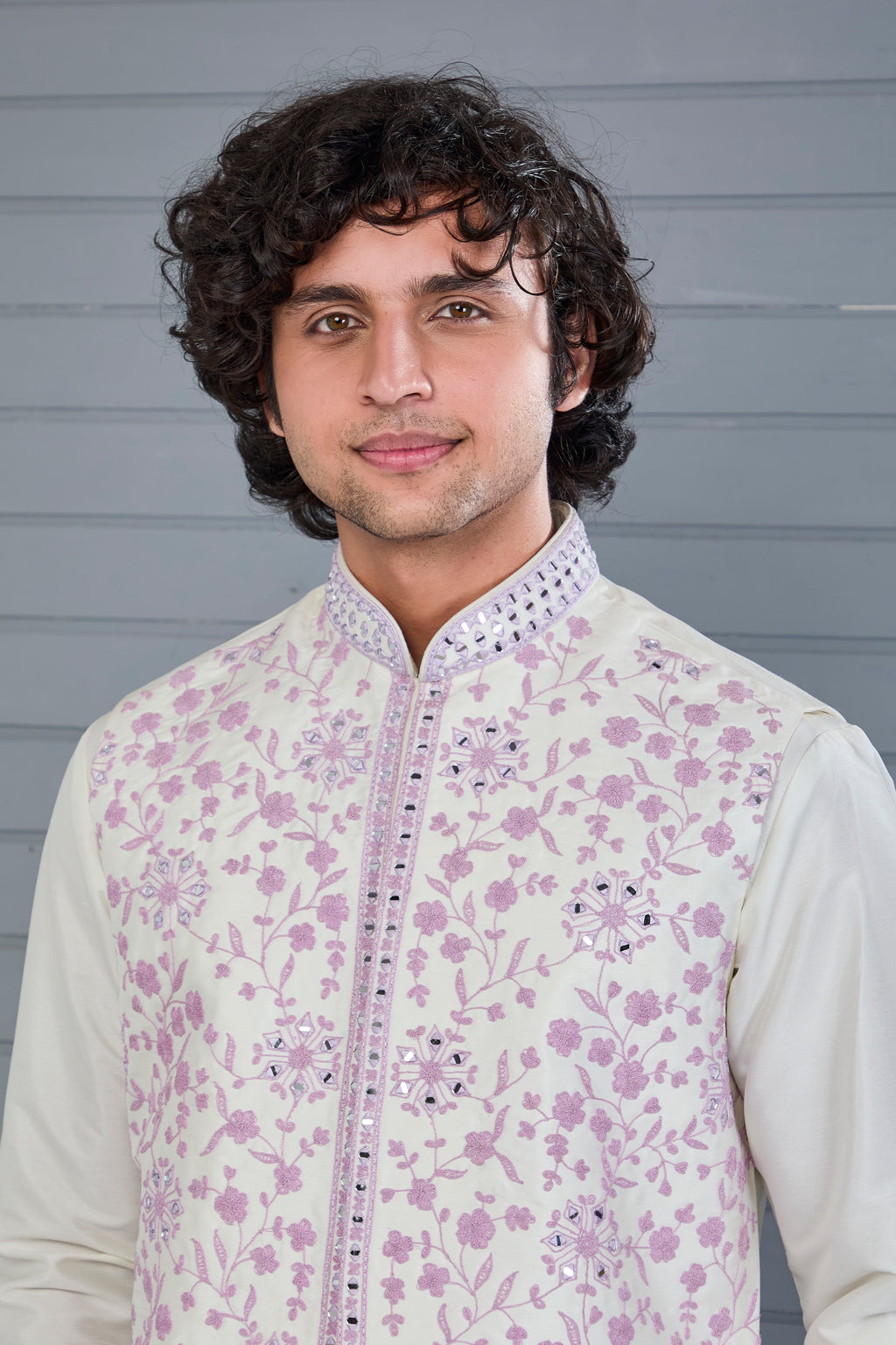 Festive Wear Men's Off-white Raw Silk Kurta Jacket Set in Classic Fit