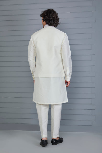 Festive Wear Men's Off-white Raw Silk Kurta Jacket Set