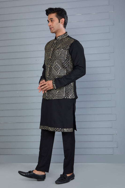 Wedding and Engagement Wear Sea Blue Men’s Kurta Jacket Set