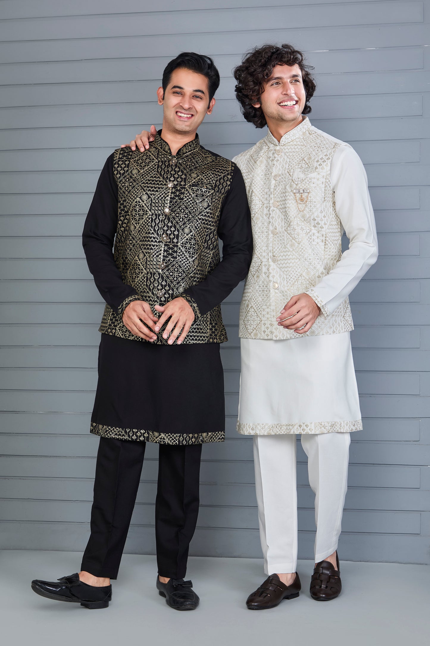 Men's Graceful Off-white Raw Silk Kurta Jacket Set