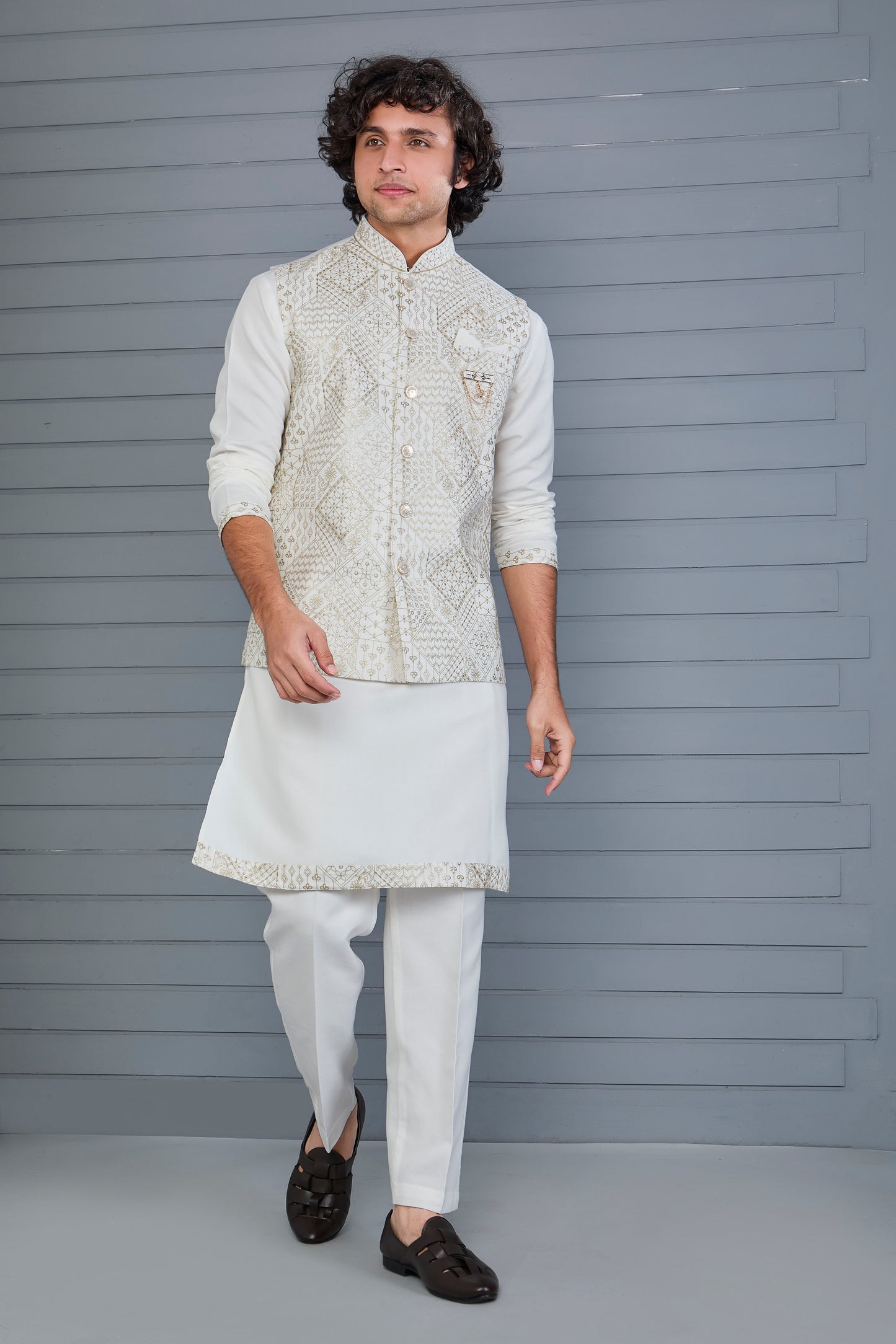 Men's Graceful Off-white Raw Silk Kurta Jacket Set