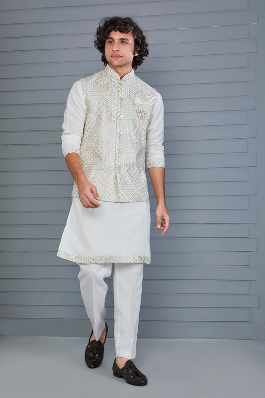 Men's Graceful Off-white Raw Silk Kurta Jacket Set