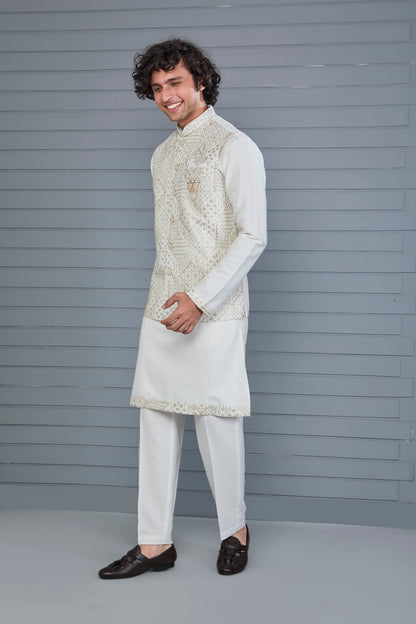 Men's Graceful Off-white Raw Silk Kurta Jacket Set