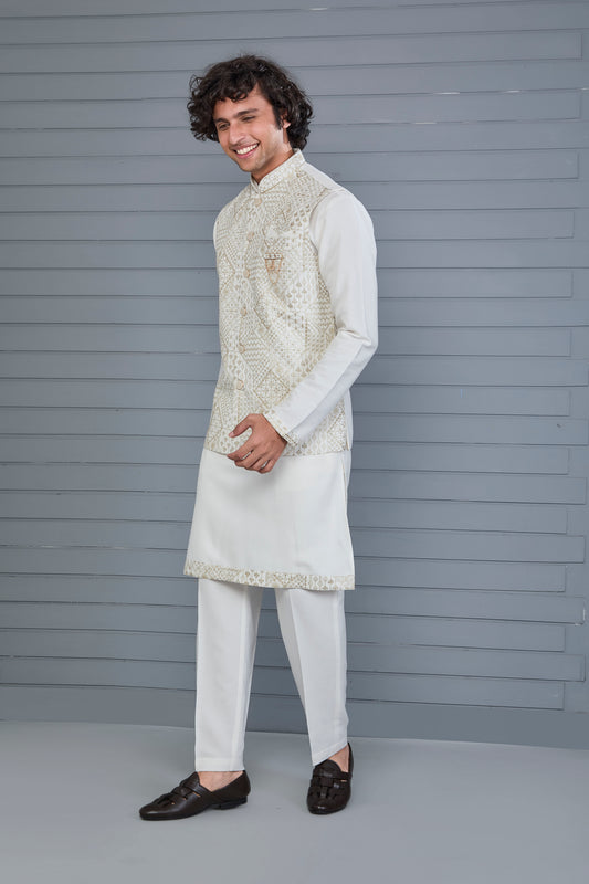 Men's Graceful Off-white Raw Silk Kurta Jacket Set