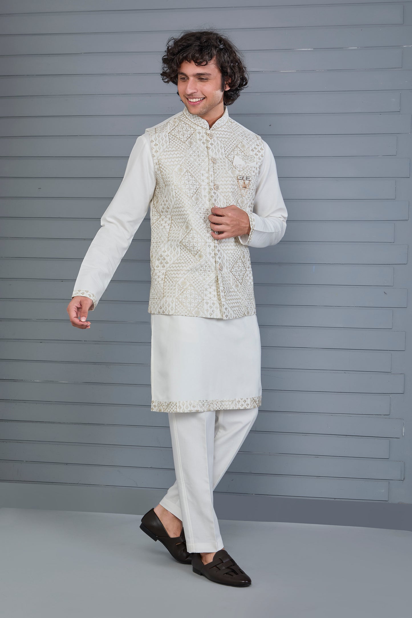 Men's Graceful Off-white Raw Silk Kurta Jacket Set