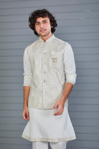 Men's Graceful Off-white Raw Silk Kurta Jacket Set