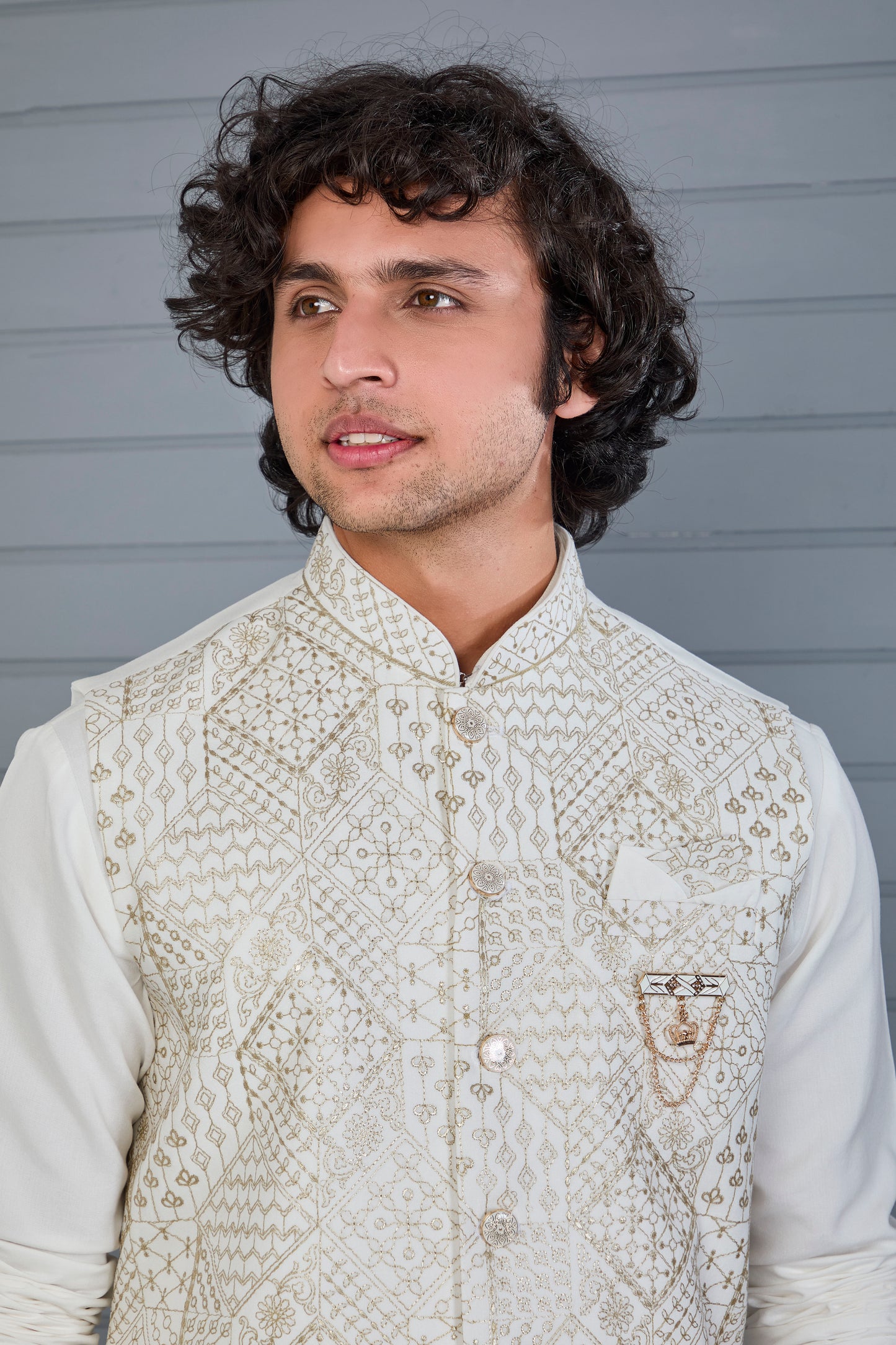 Men's Graceful Off-white Raw Silk Kurta Jacket Set