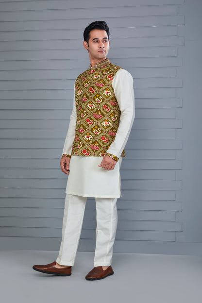 Festive Wear Men’s Patola Printed Kurta Jacket Set