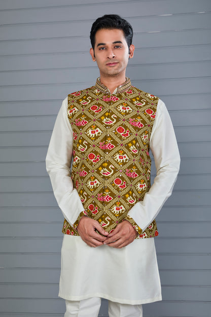 Festive Wear Men’s Patola Printed Kurta Jacket Set