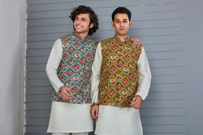 Men’s Printed Kurta Jacket Set in Off white and Grey