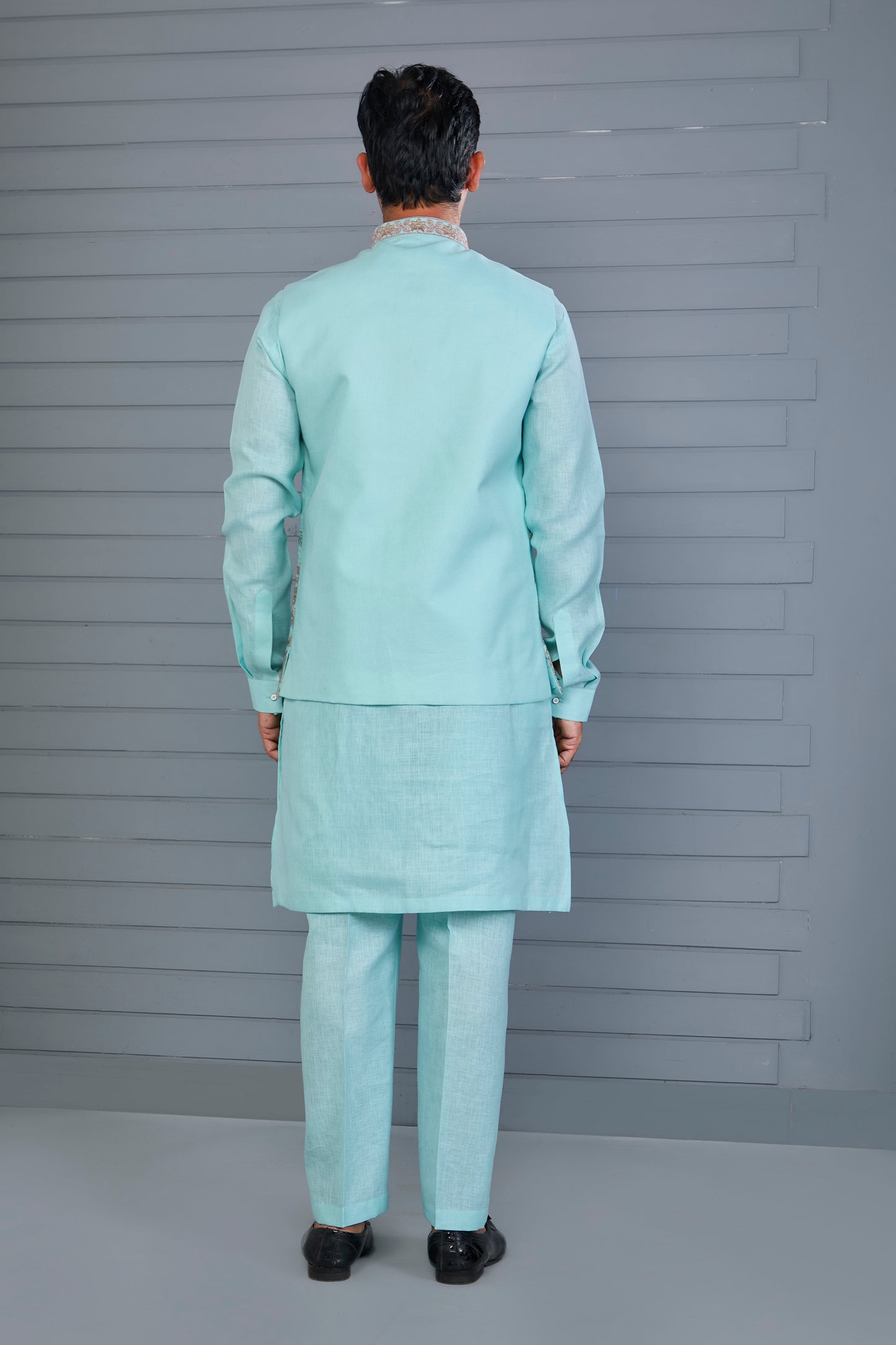 Wedding and Engagement Wear Sea Blue Men’s Kurta Jacket Set