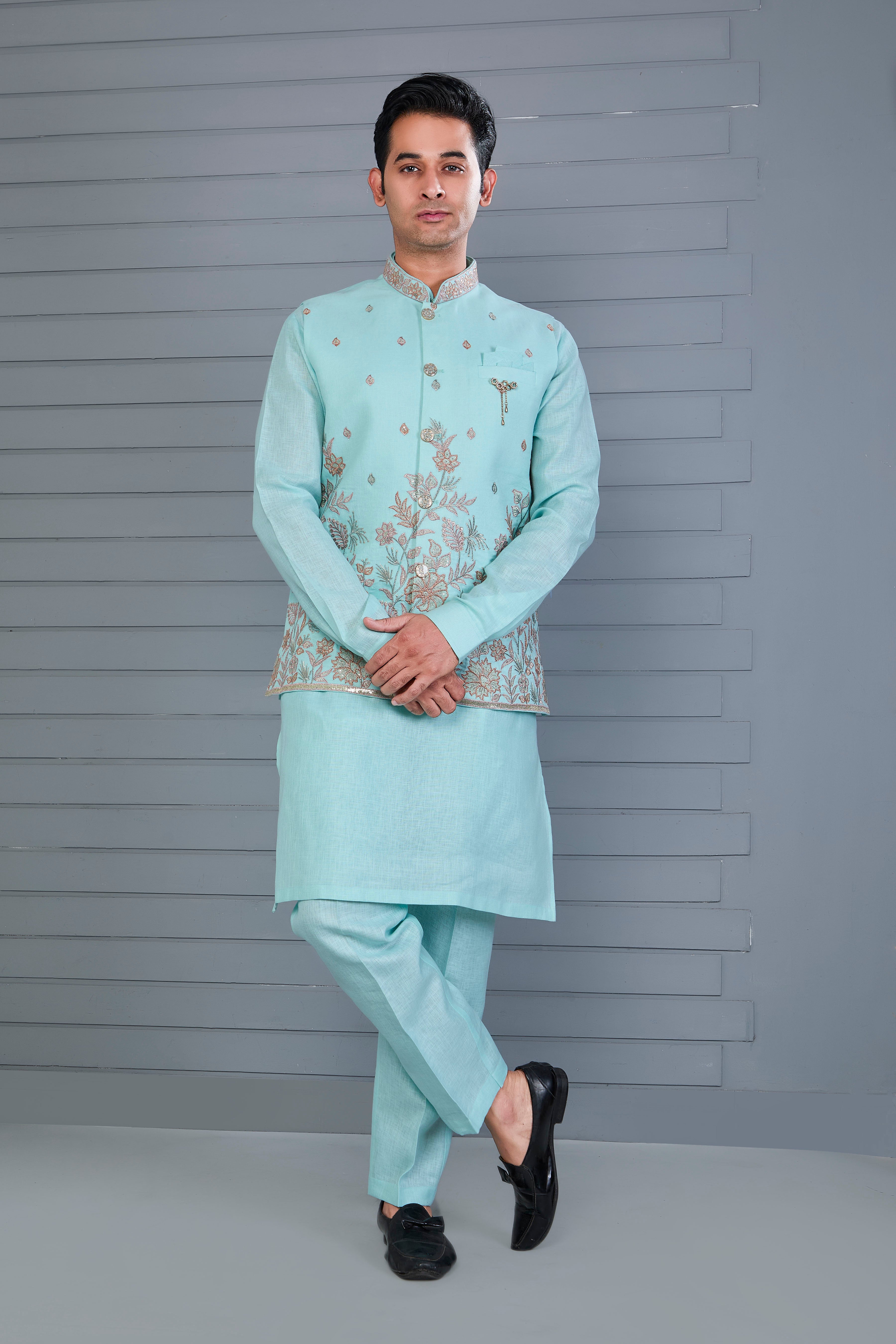 Wedding and Engagement Wear Sea Blue Men’s Kurta Jacket Set in Comfort fit