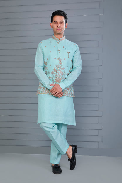 Wedding and Engagement Wear Sea Blue Men’s Kurta Jacket Set