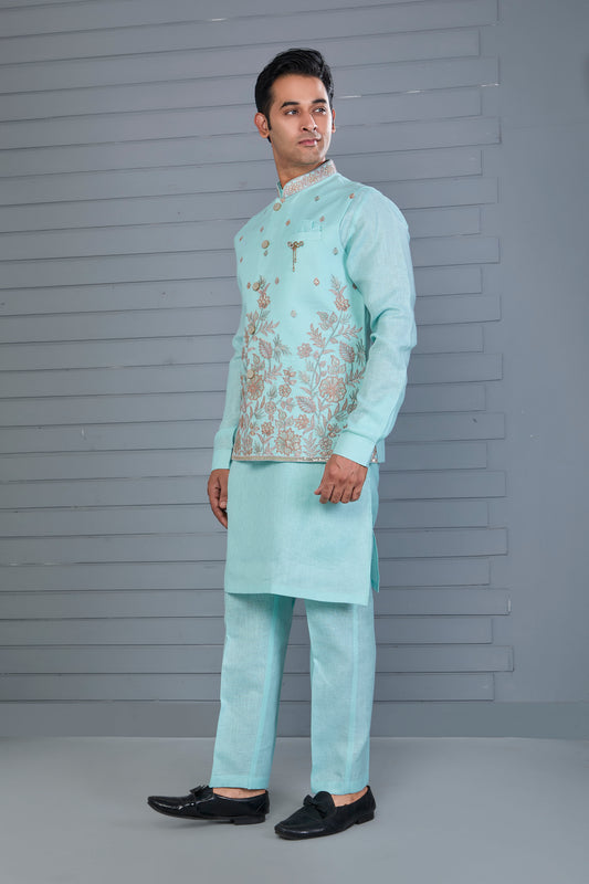 Wedding and Engagement Wear Sea Blue Men’s Kurta Jacket Set