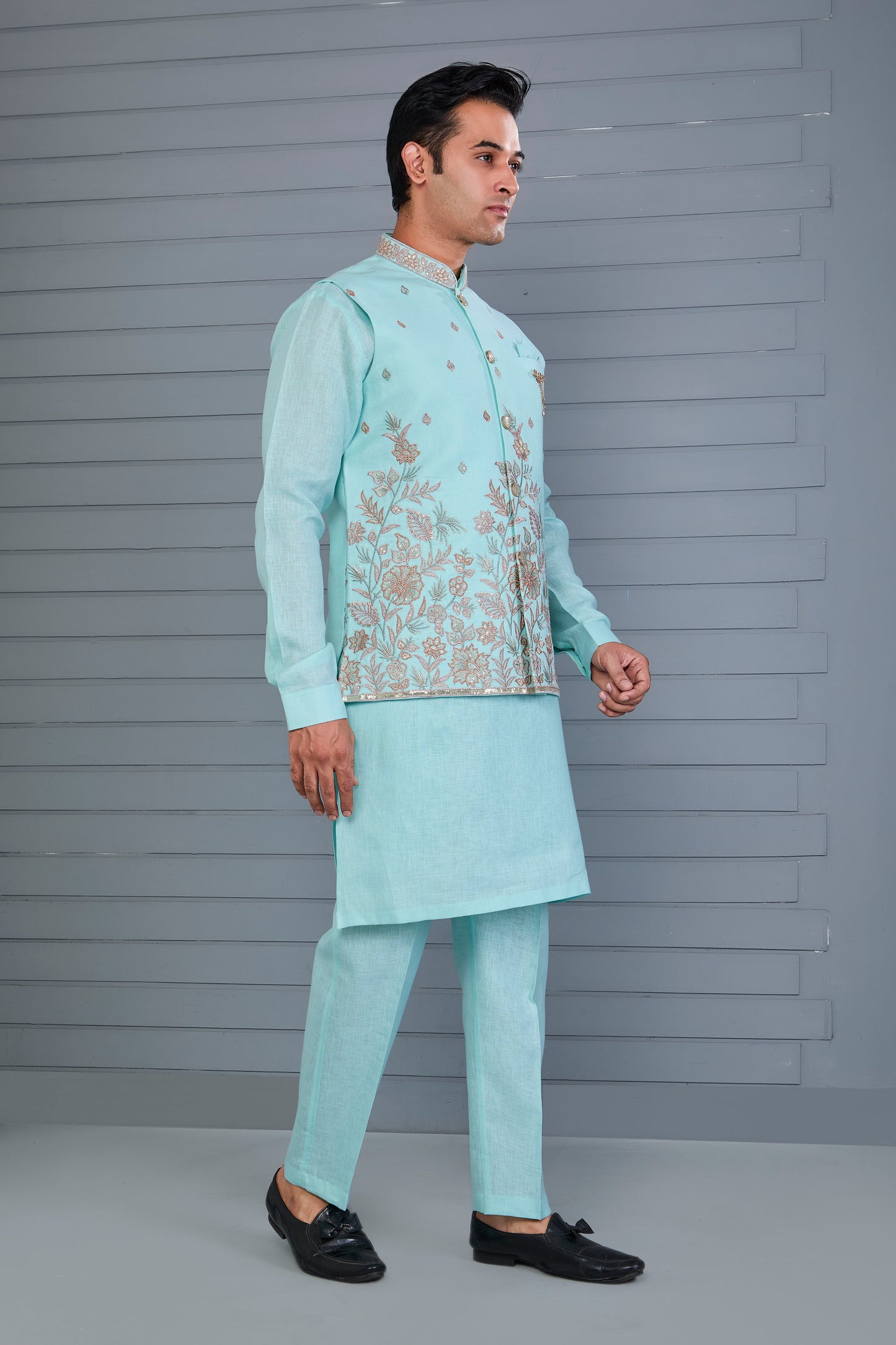 Wedding and Engagement Wear Sea Blue Men’s Kurta Jacket Set