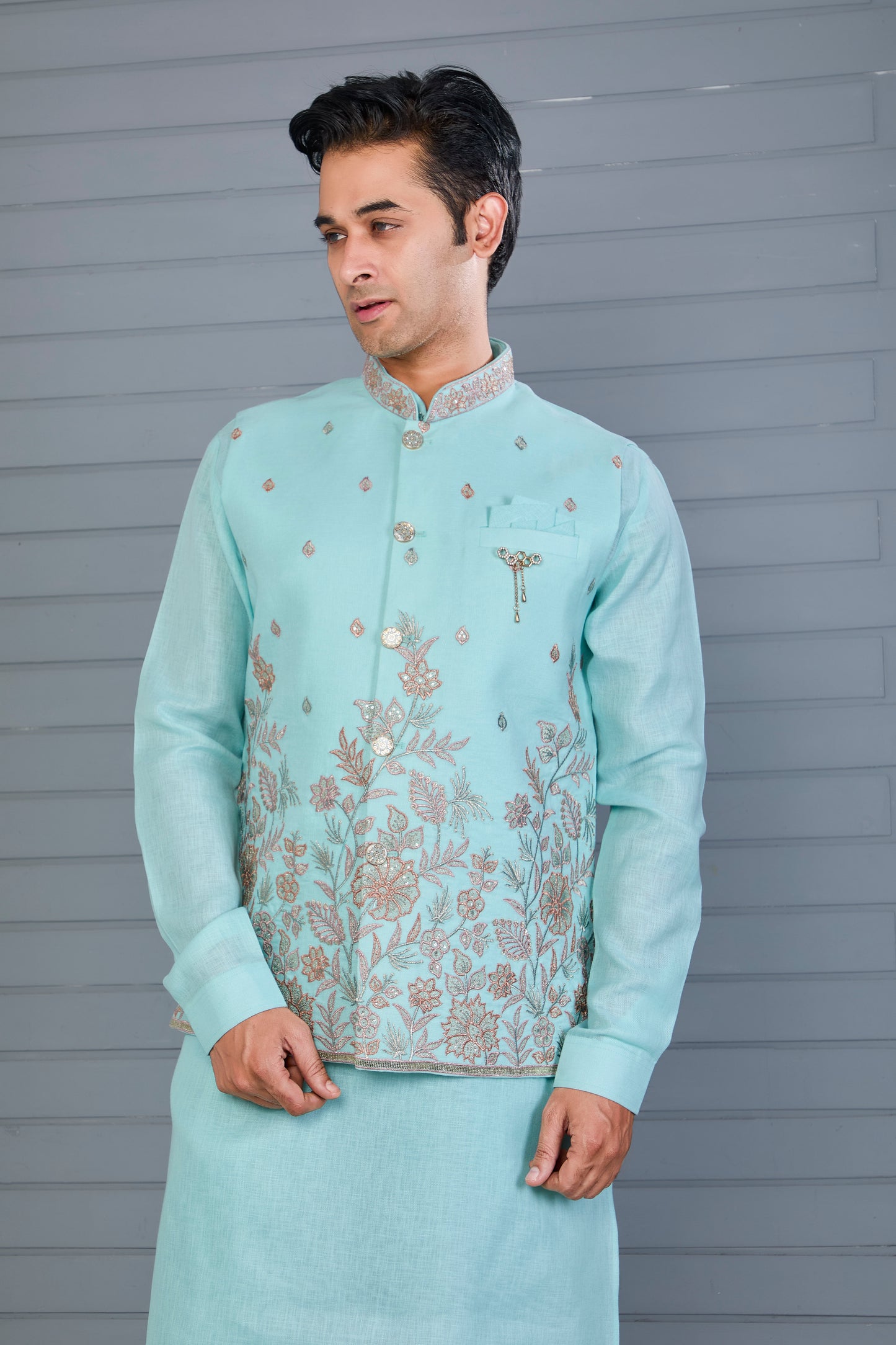Wedding and Engagement Wear Sea Blue Men’s Kurta Jacket Set