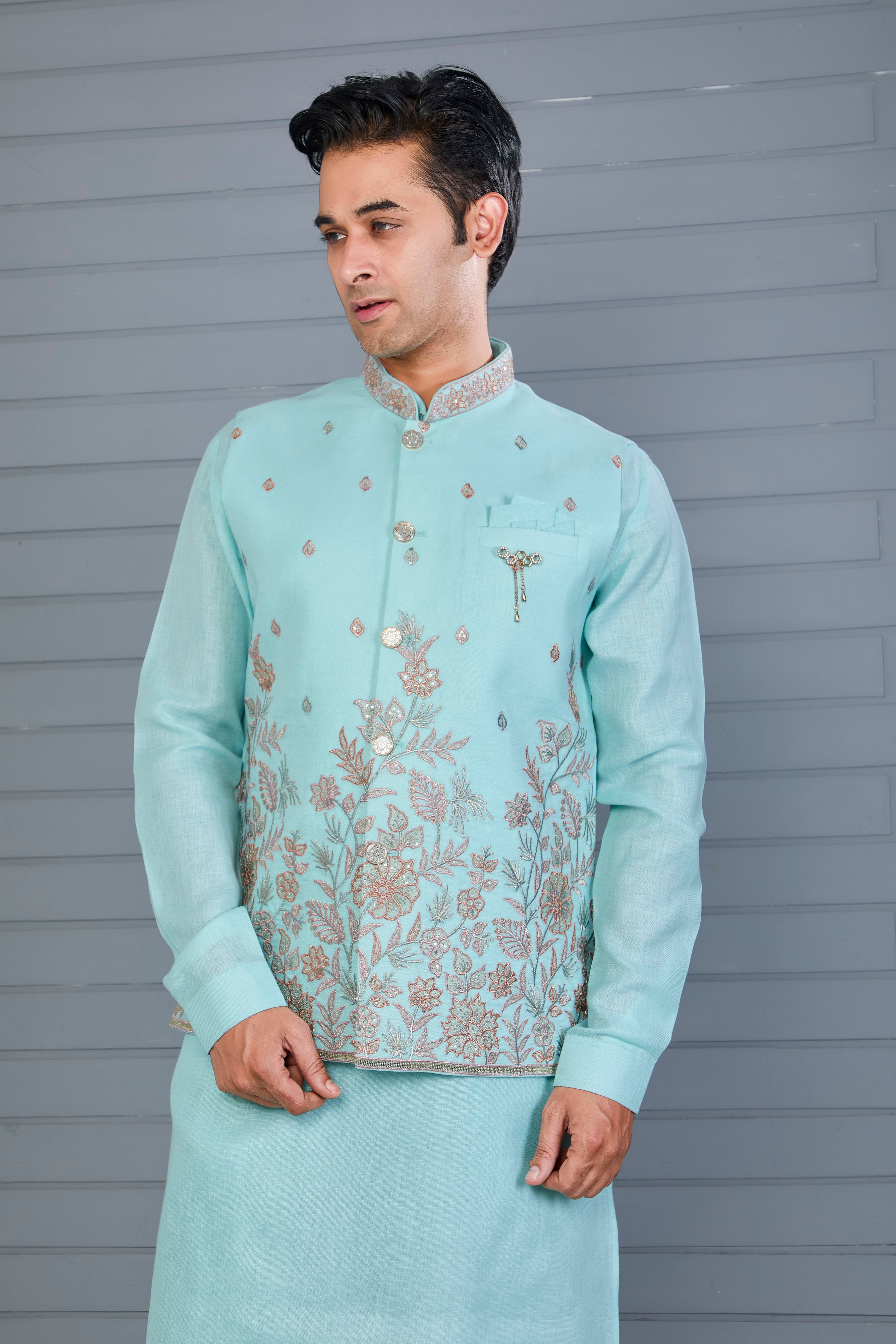 Wedding and Engagement Wear Sea Blue Men’s Kurta Jacket Set in Comfort fit