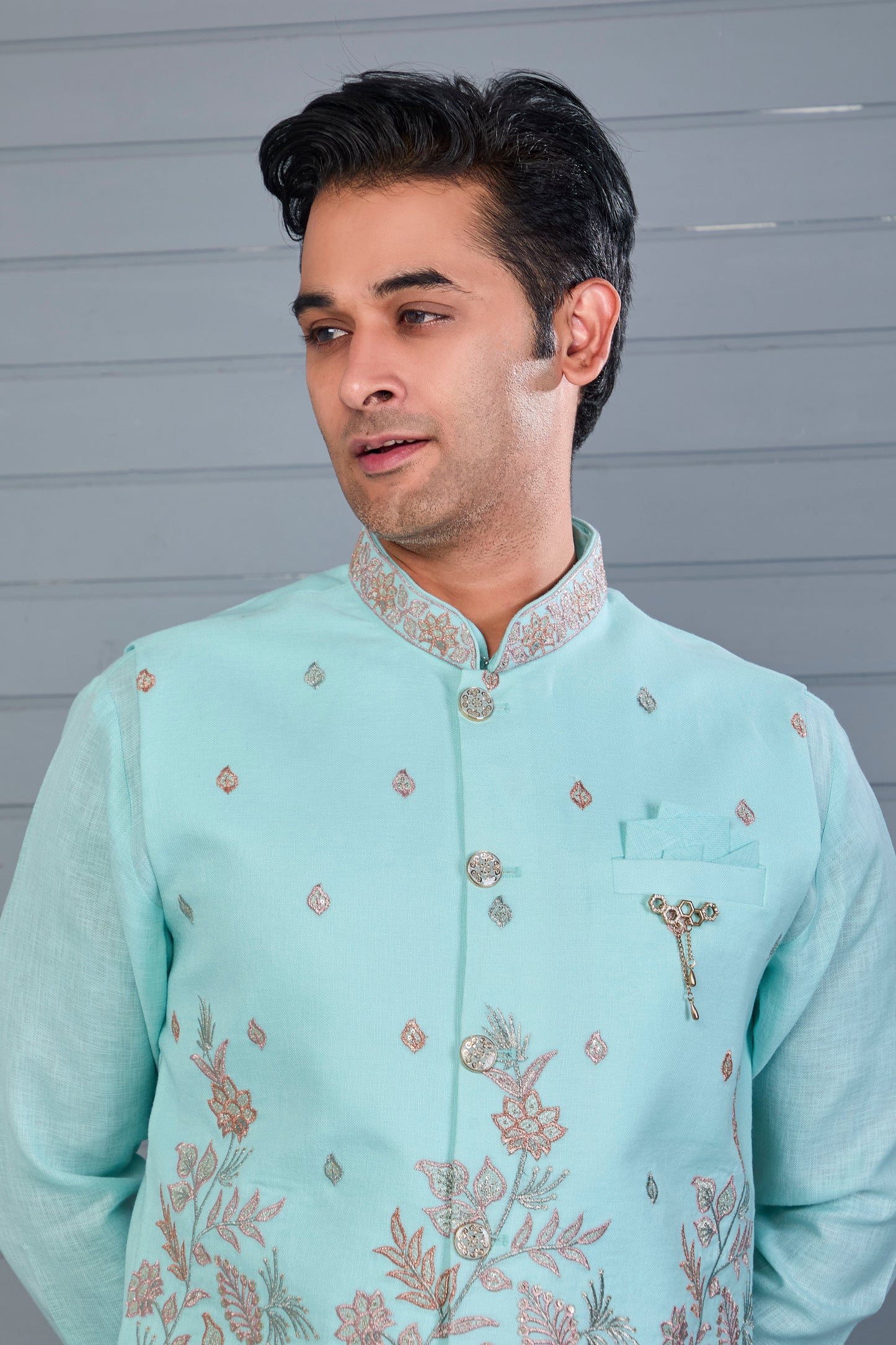 Wedding and Engagement Wear Sea Blue Men’s Kurta Jacket Set