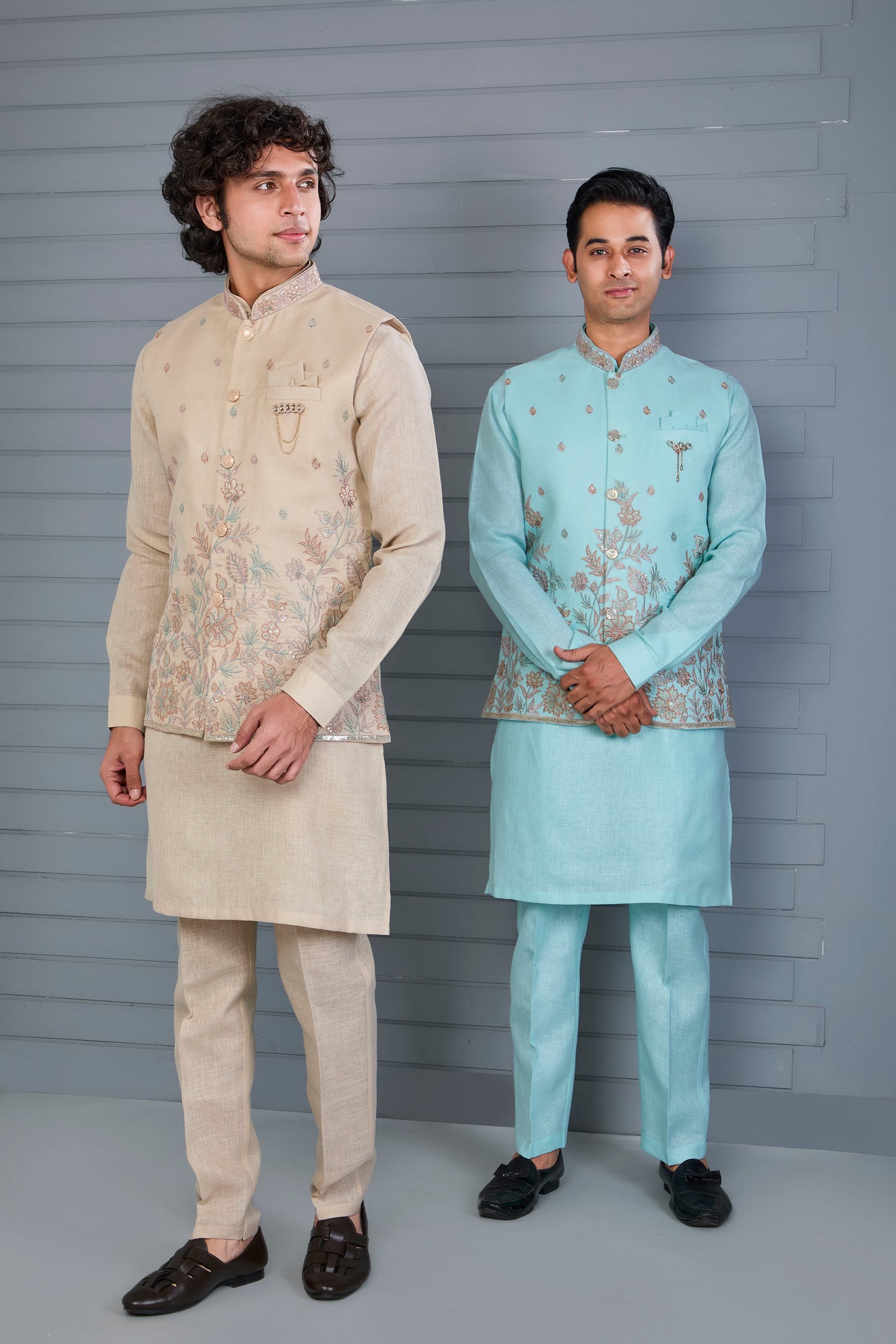Men’s Raw Silk Kurta Jacket Set in Beige
