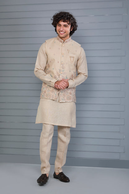 Men’s Raw Silk Kurta Jacket Set in Beige
