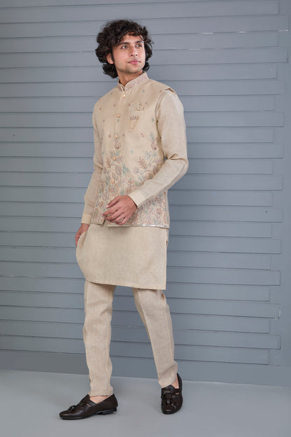 Men’s Raw Silk Kurta Jacket Set in Beige