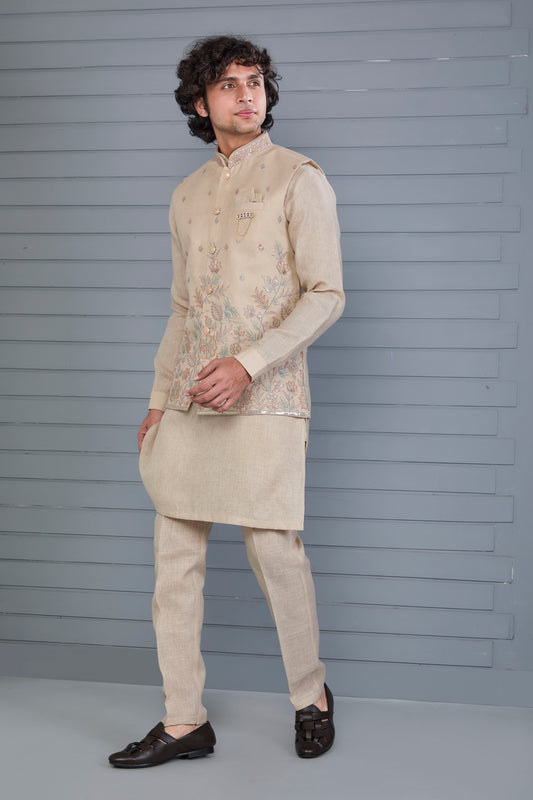 Men’s Raw Silk Kurta Jacket Set in Beige