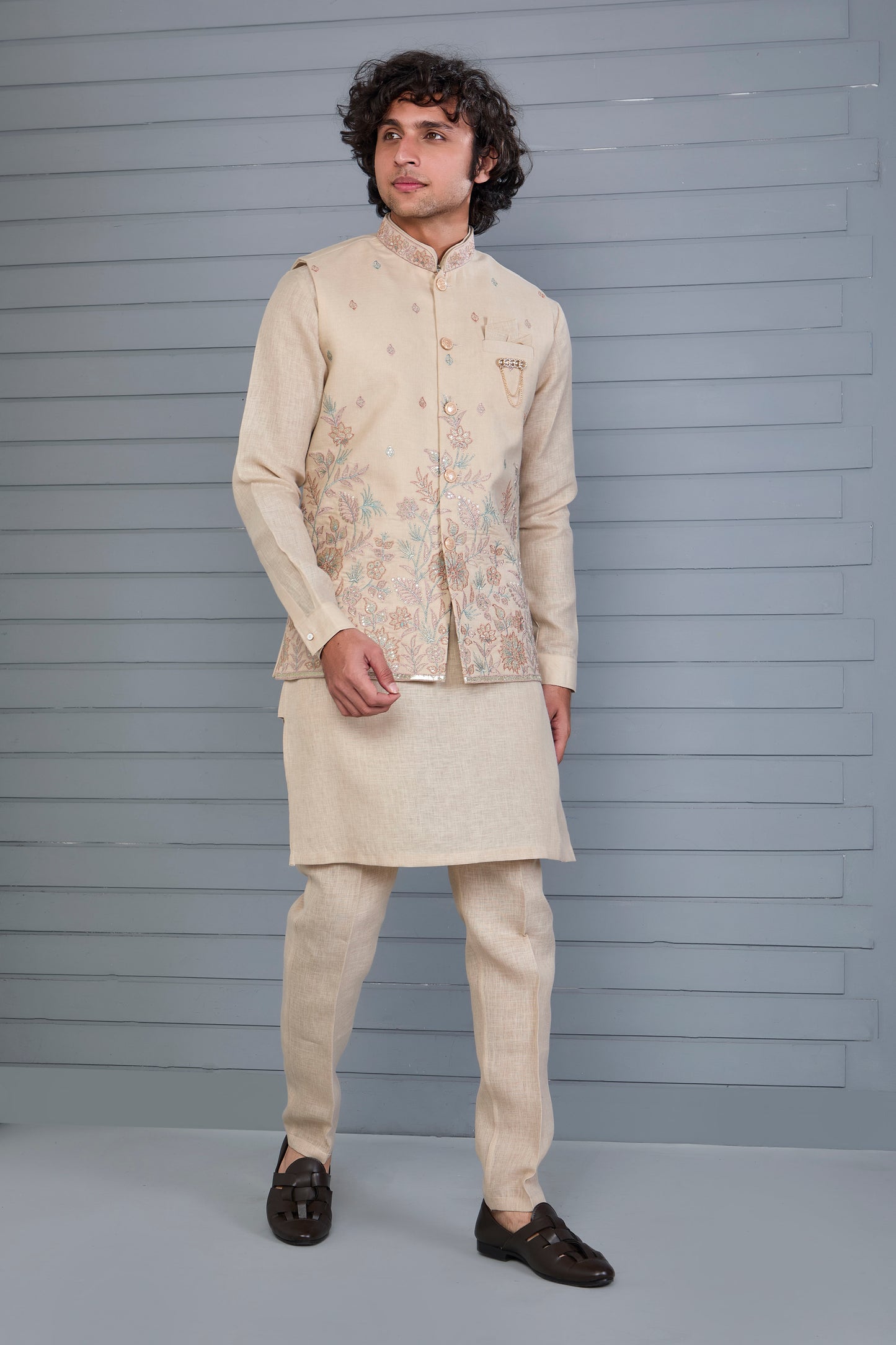 Men’s Raw Silk Kurta Jacket Set in Beige
