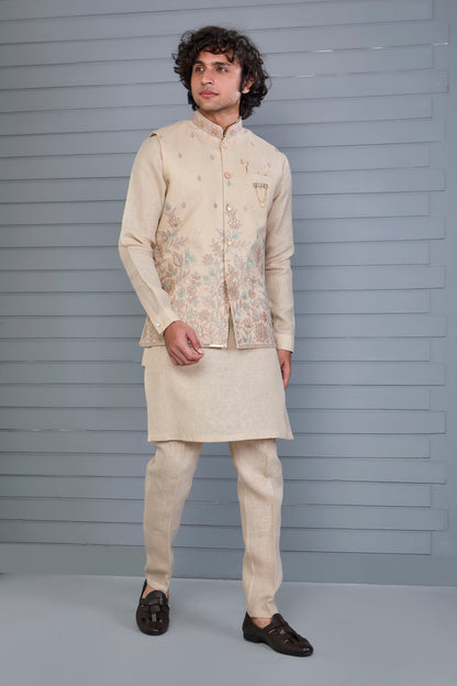 Men’s Raw Silk Kurta Jacket Set in Beige