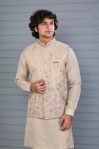 Men’s Raw Silk Kurta Jacket Set in Beige