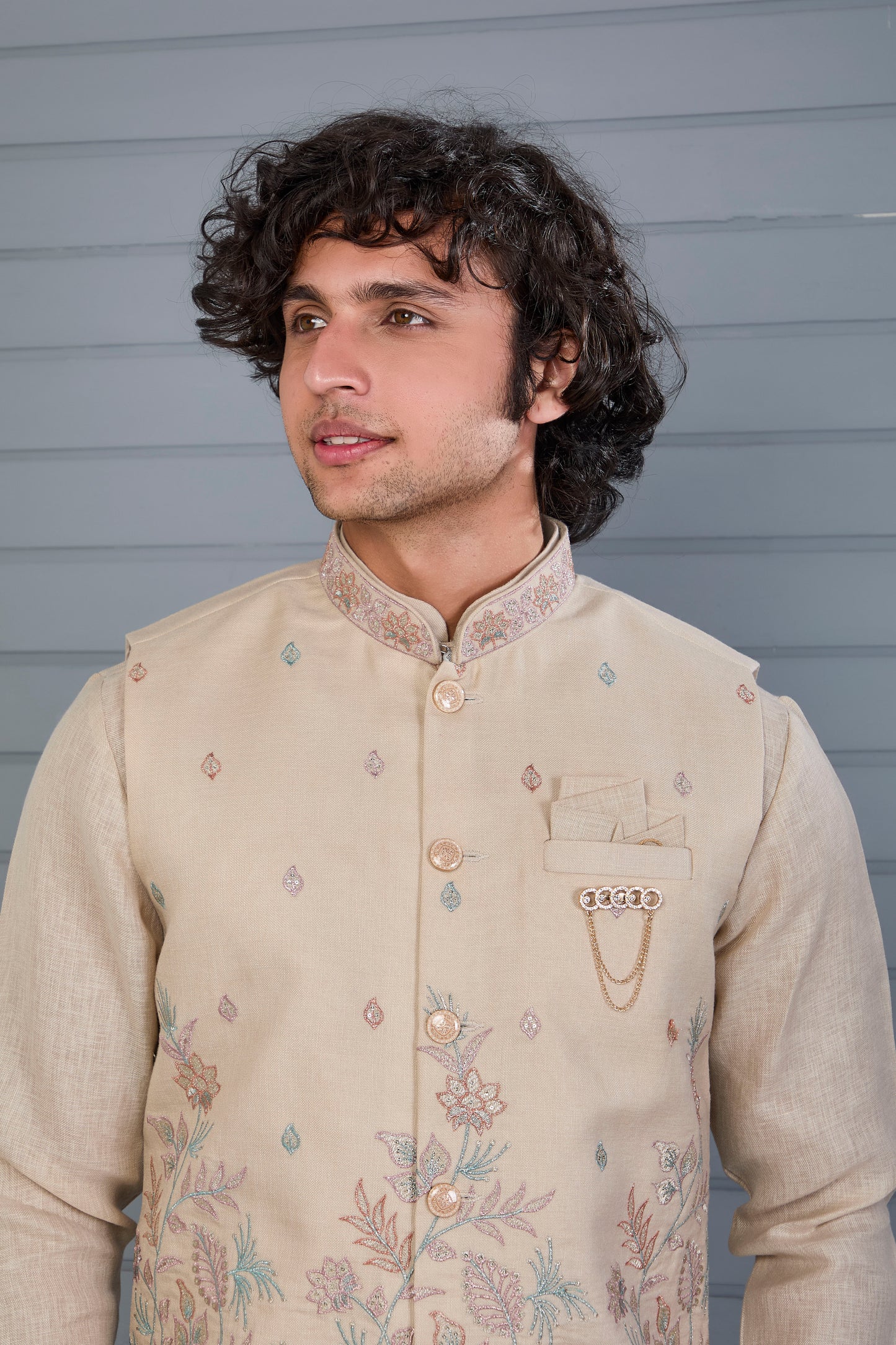 Men’s Raw Silk Kurta Jacket Set in Beige