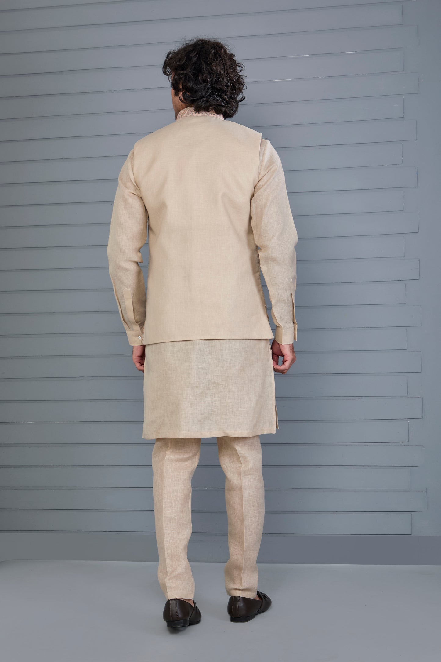 Men’s Raw Silk Kurta Jacket Set in Beige