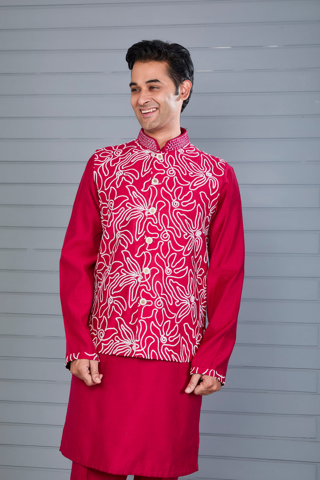 Royal Magenta Raw Silk Men's Kurta Jacket Set for Festive Events