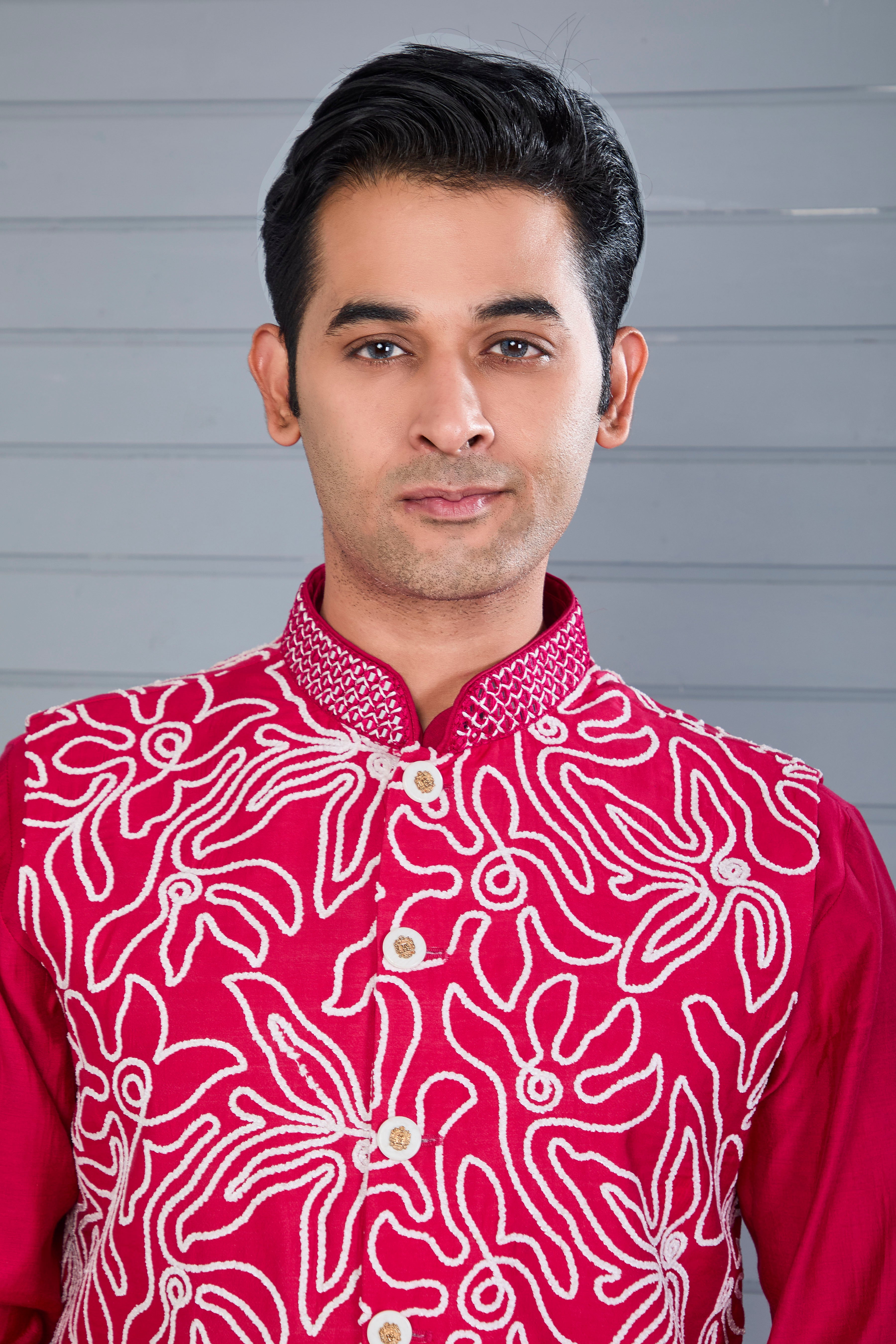 Royal Magenta Raw Silk Men's Kurta Jacket Set for Festive Events