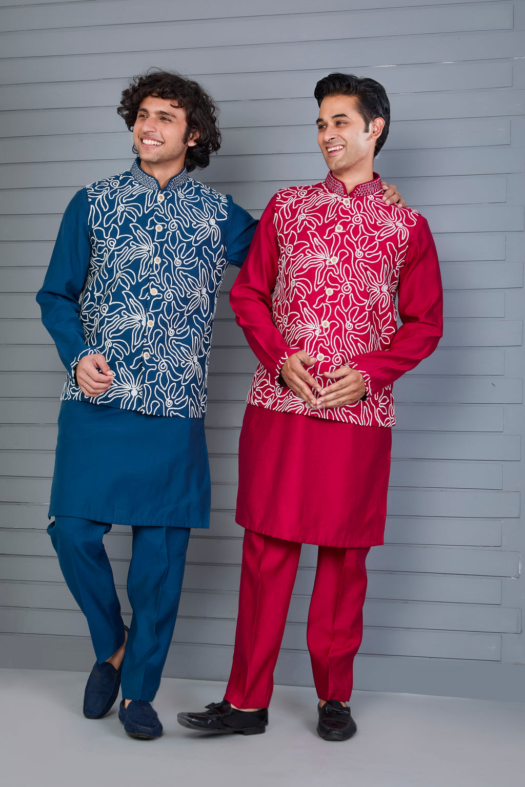 Dark Blue Raw Silk Kurta Jacket Set for Men – Festive Wear