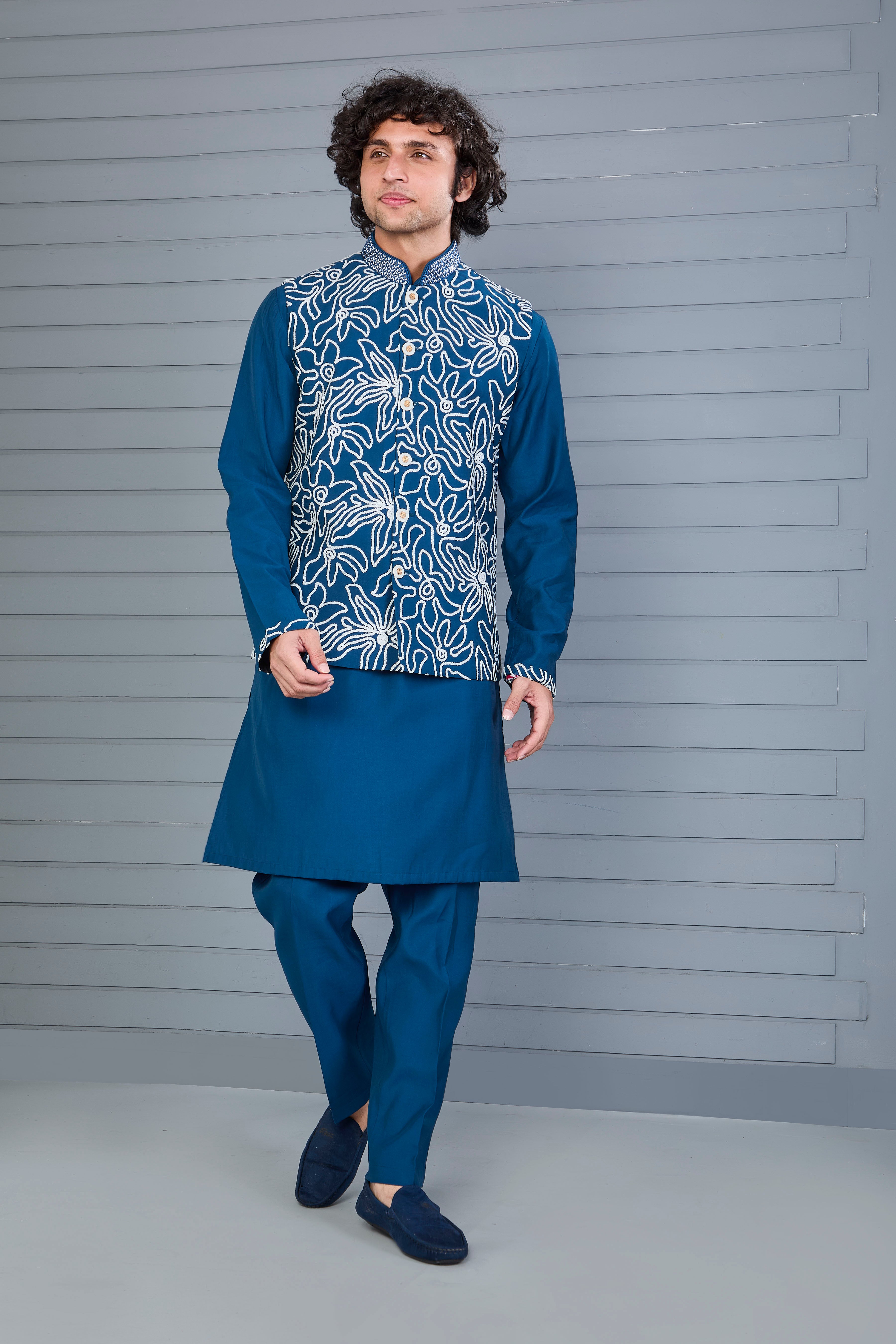 Dark Blue Raw Silk Kurta Jacket Set for Men – Festive Wear