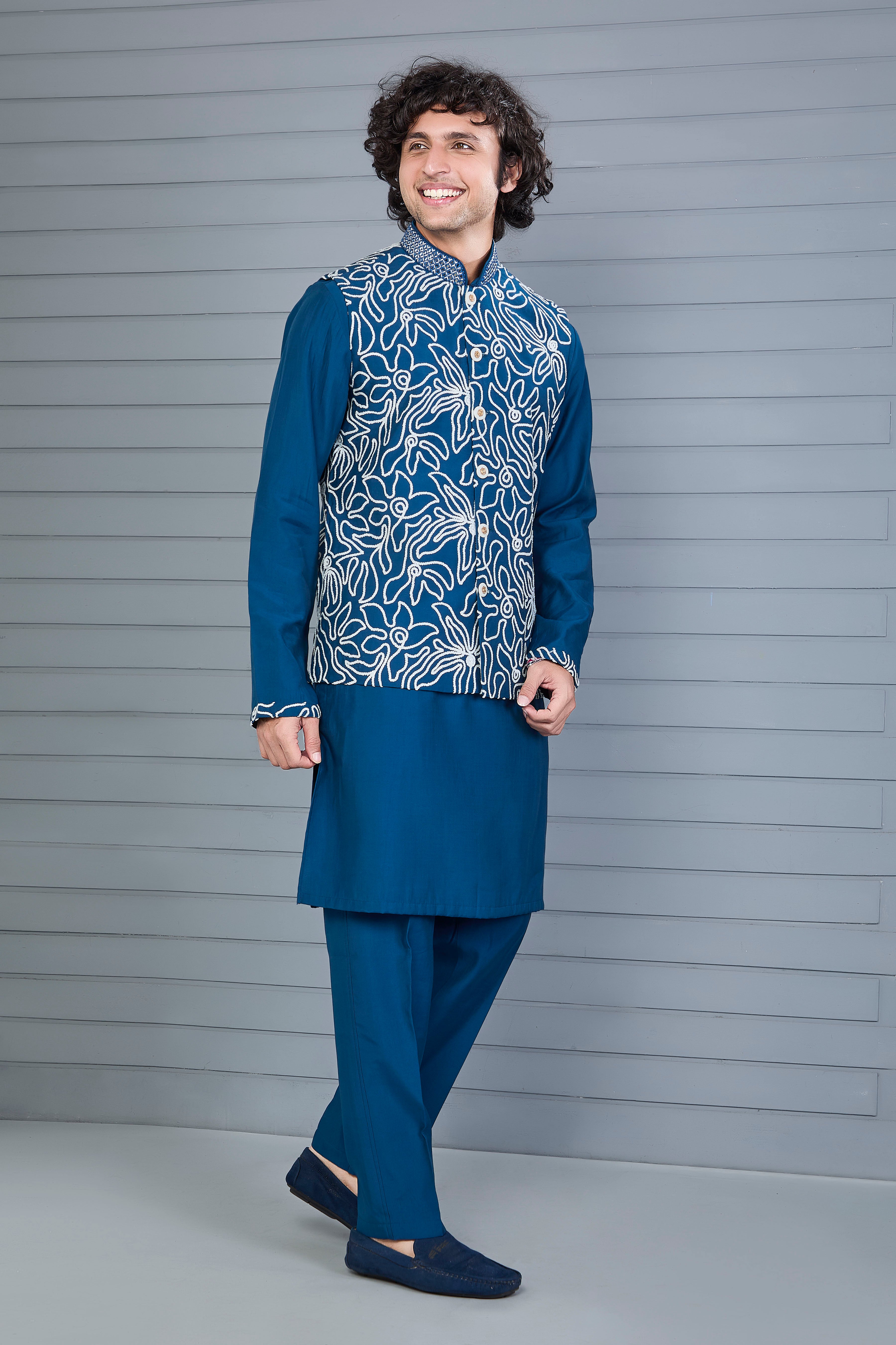Dark Blue Raw Silk Kurta Jacket Set for Men – Festive Wear