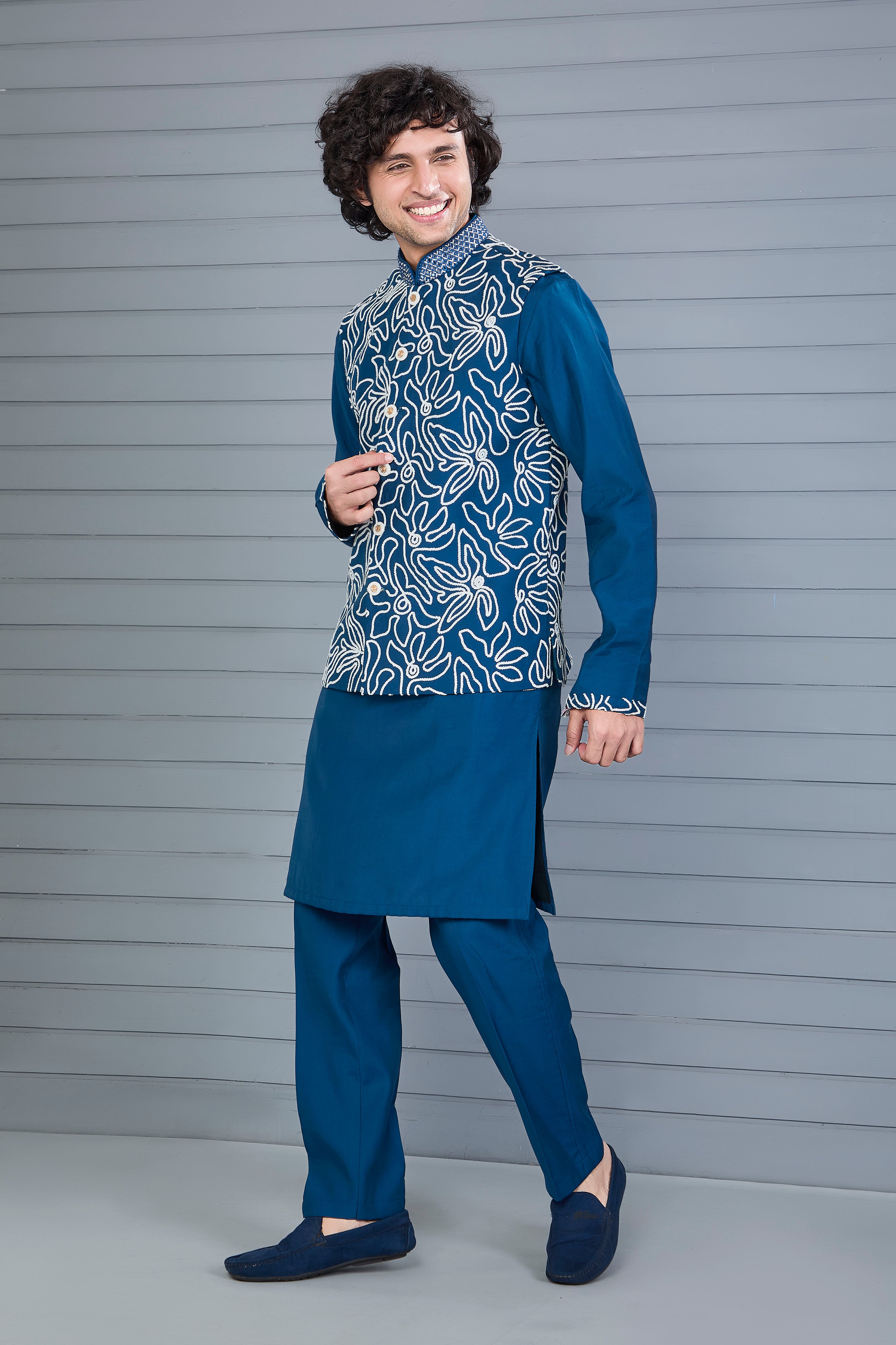 Dark Blue Raw Silk Kurta Jacket Set for Men – Festive Wear