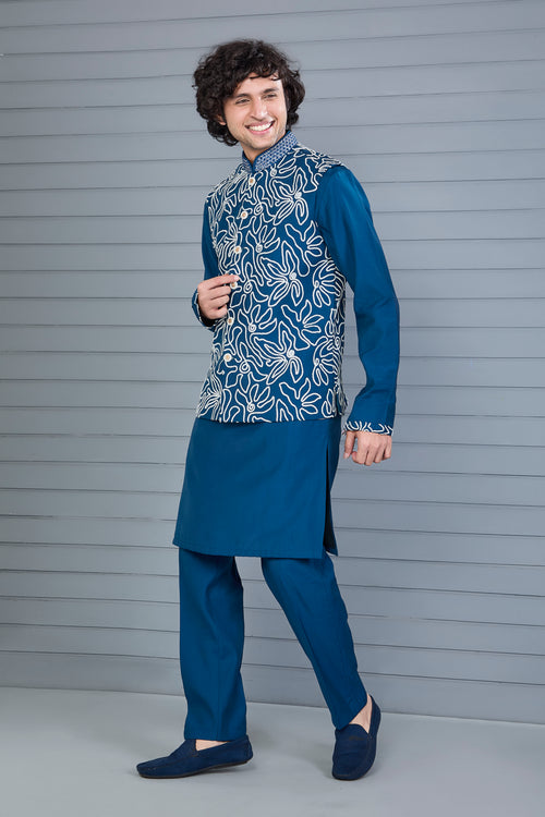 Dark Blue Raw Silk Kurta Jacket Set for Men – Festive Wear