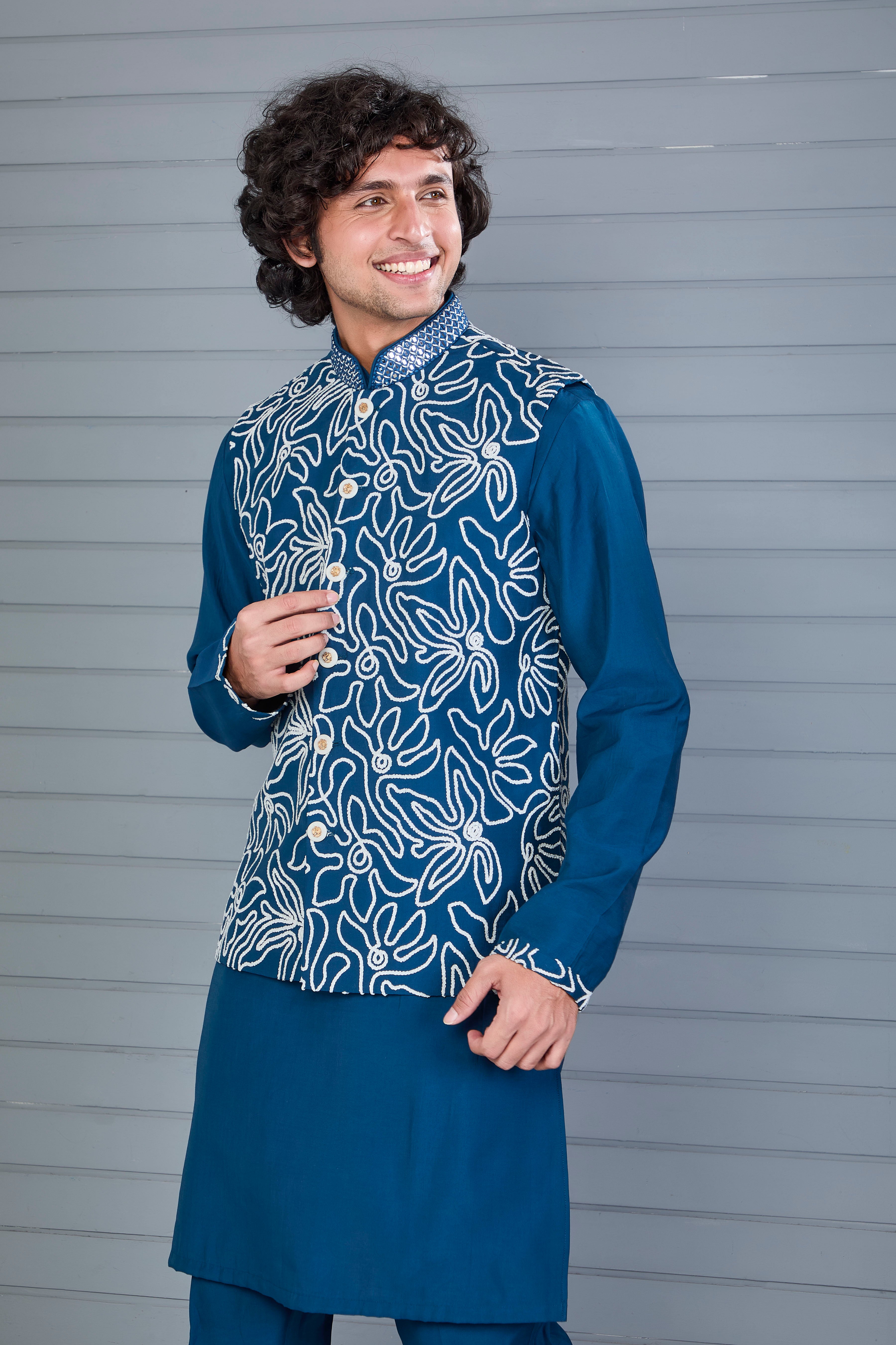 Dark Blue Raw Silk Kurta Jacket Set for Men – Festive Wear