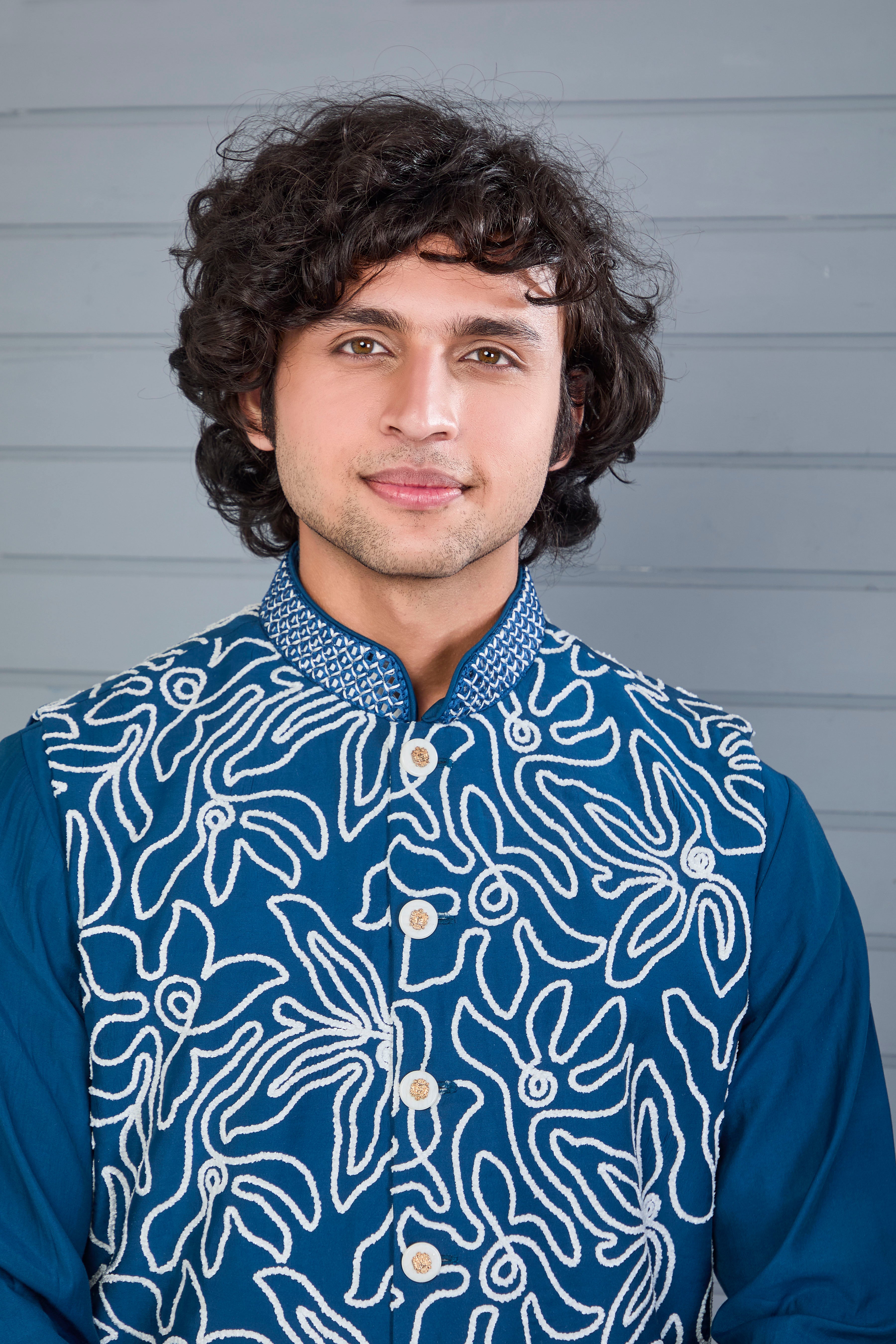 Dark Blue Raw Silk Kurta Jacket Set for Men – Festive Wear