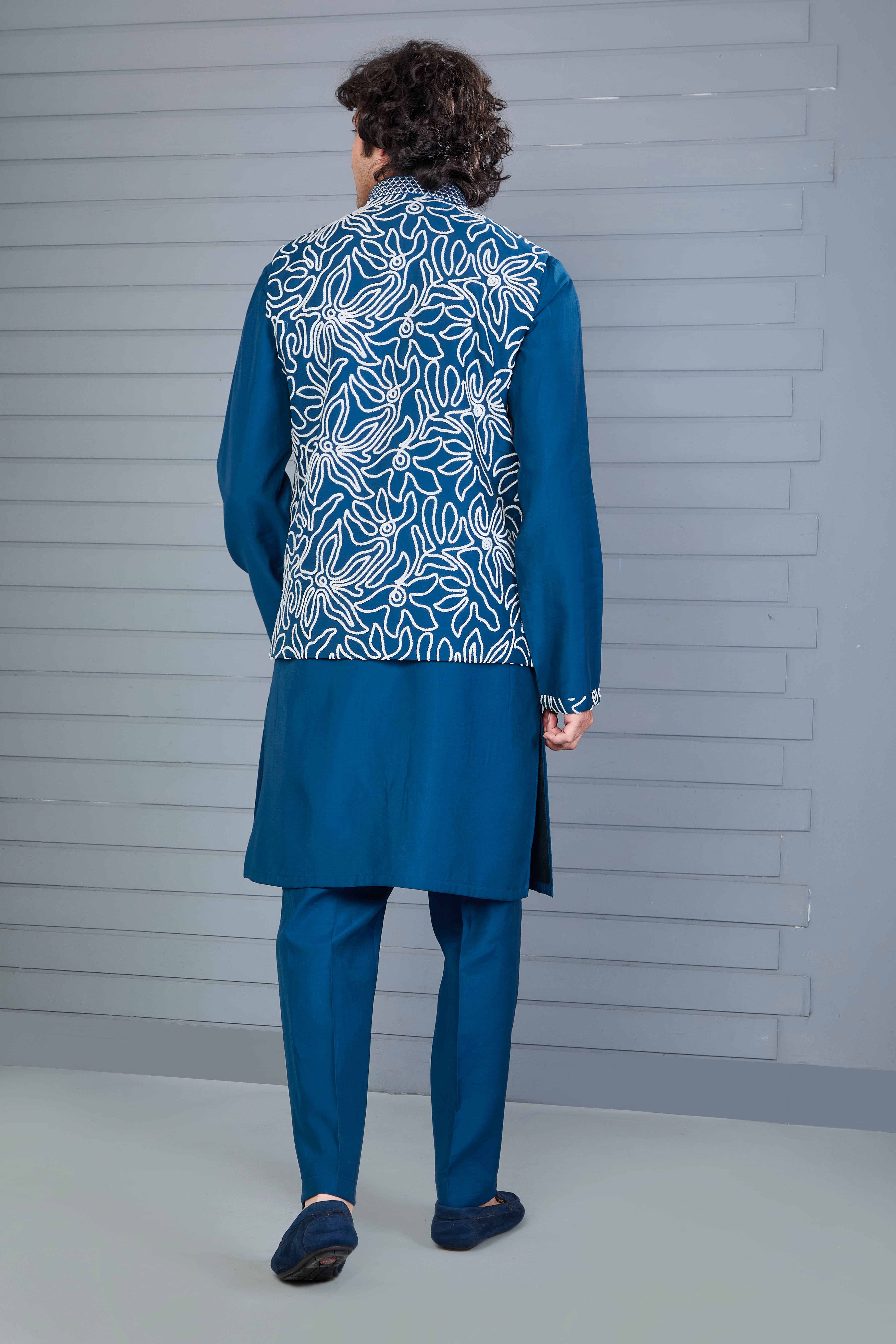 Dark Blue Raw Silk Kurta Jacket Set for Men – Festive Wear
