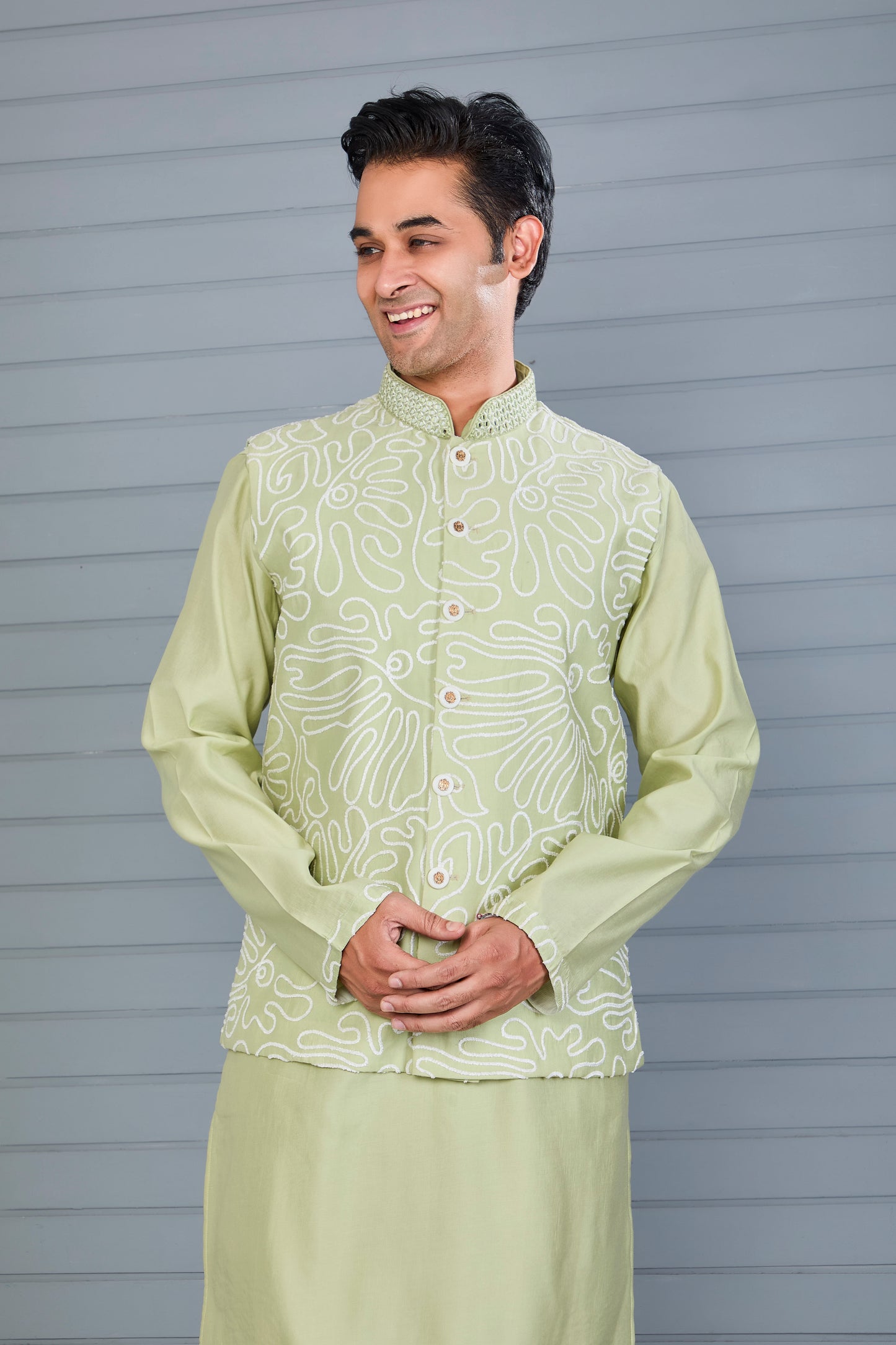 Men's Kurta Jacket Set Crafted in Premium Raw Silk