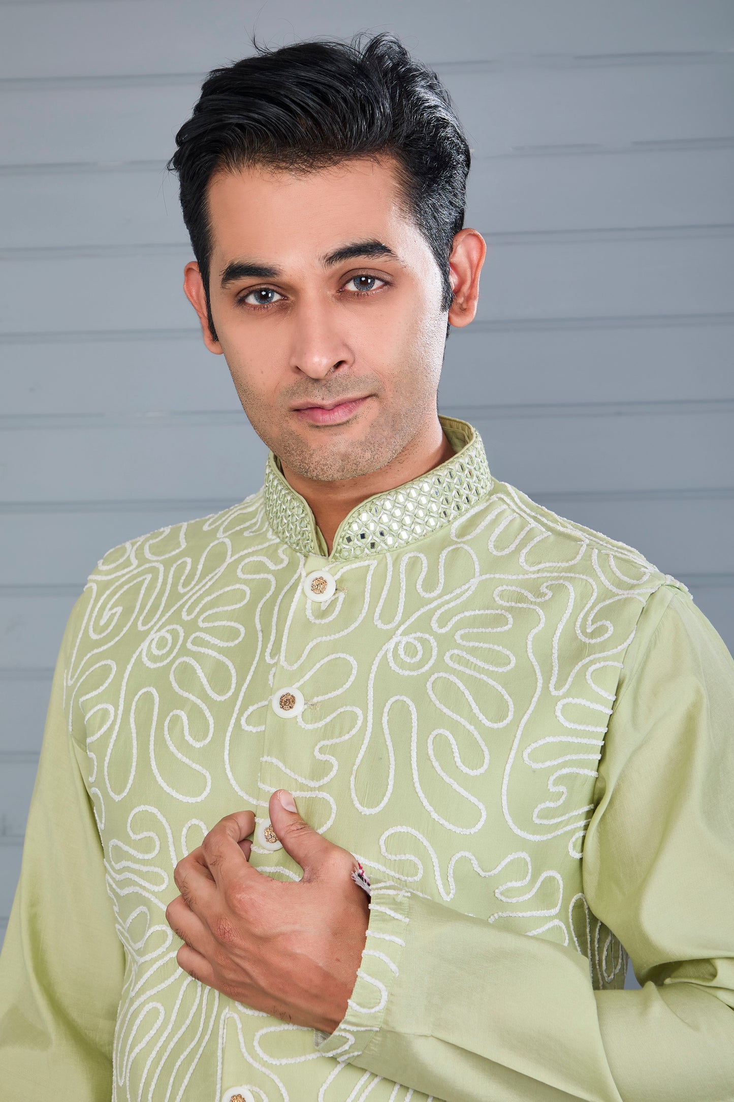 Men's Kurta Jacket Set Crafted in Premium Raw Silk