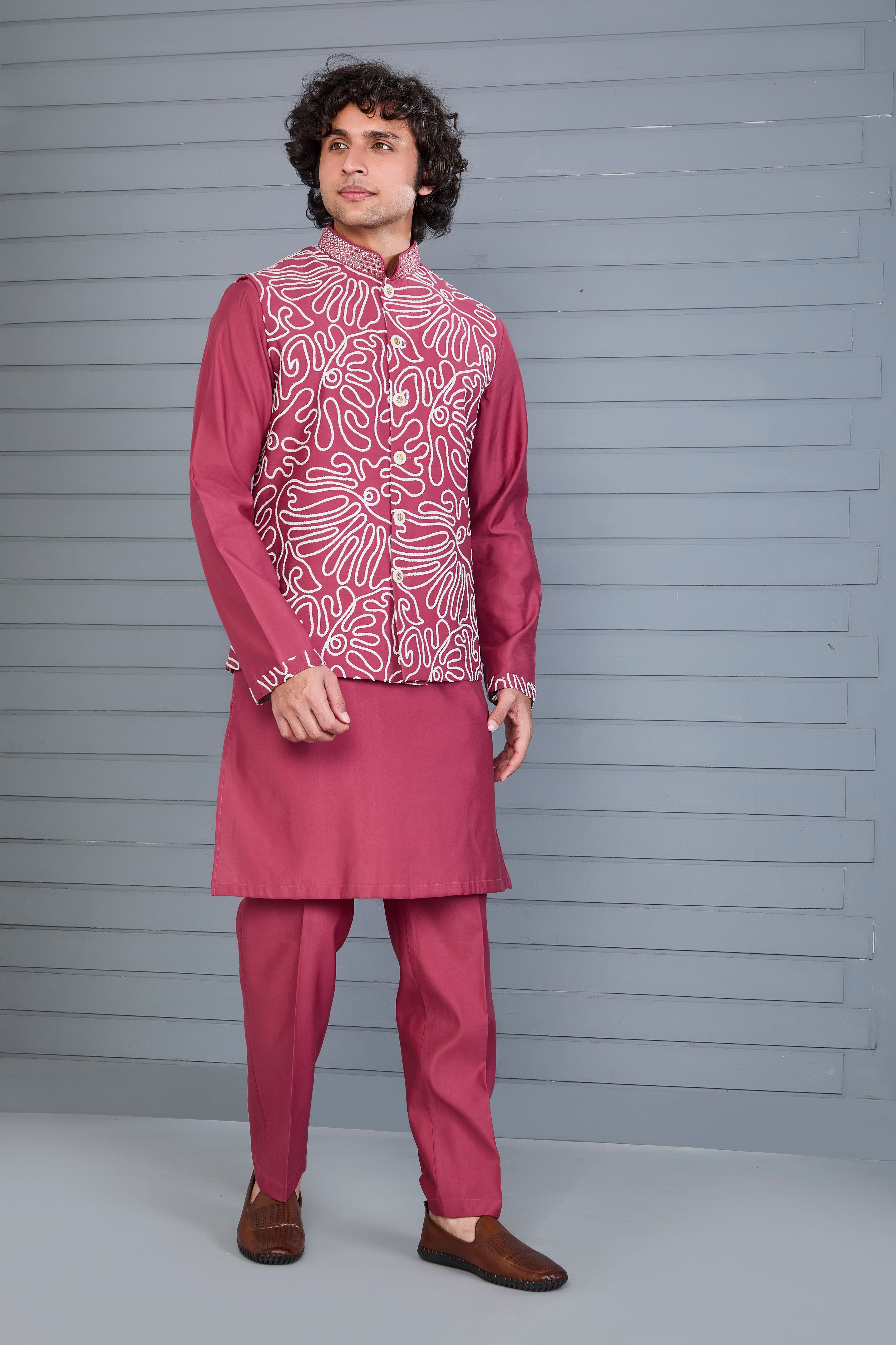 Men’s Dark Pink Kurta Jacket Set with Embroidery Work in Raw Silk