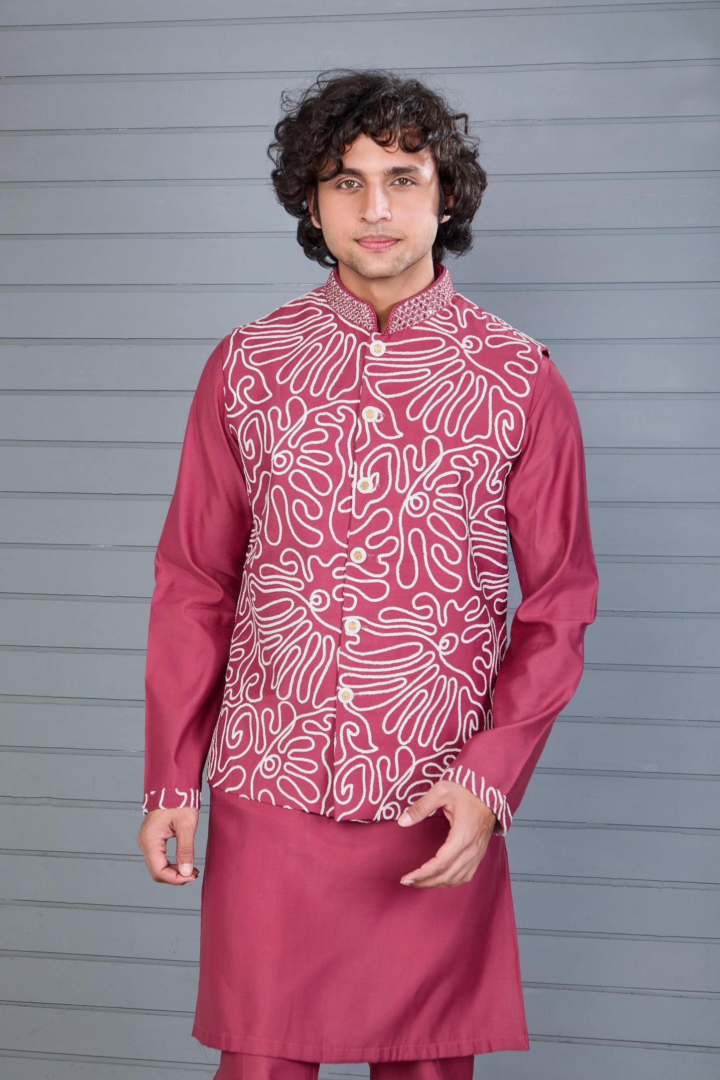 Men’s Kurta Jacket Set with Embroidery Work